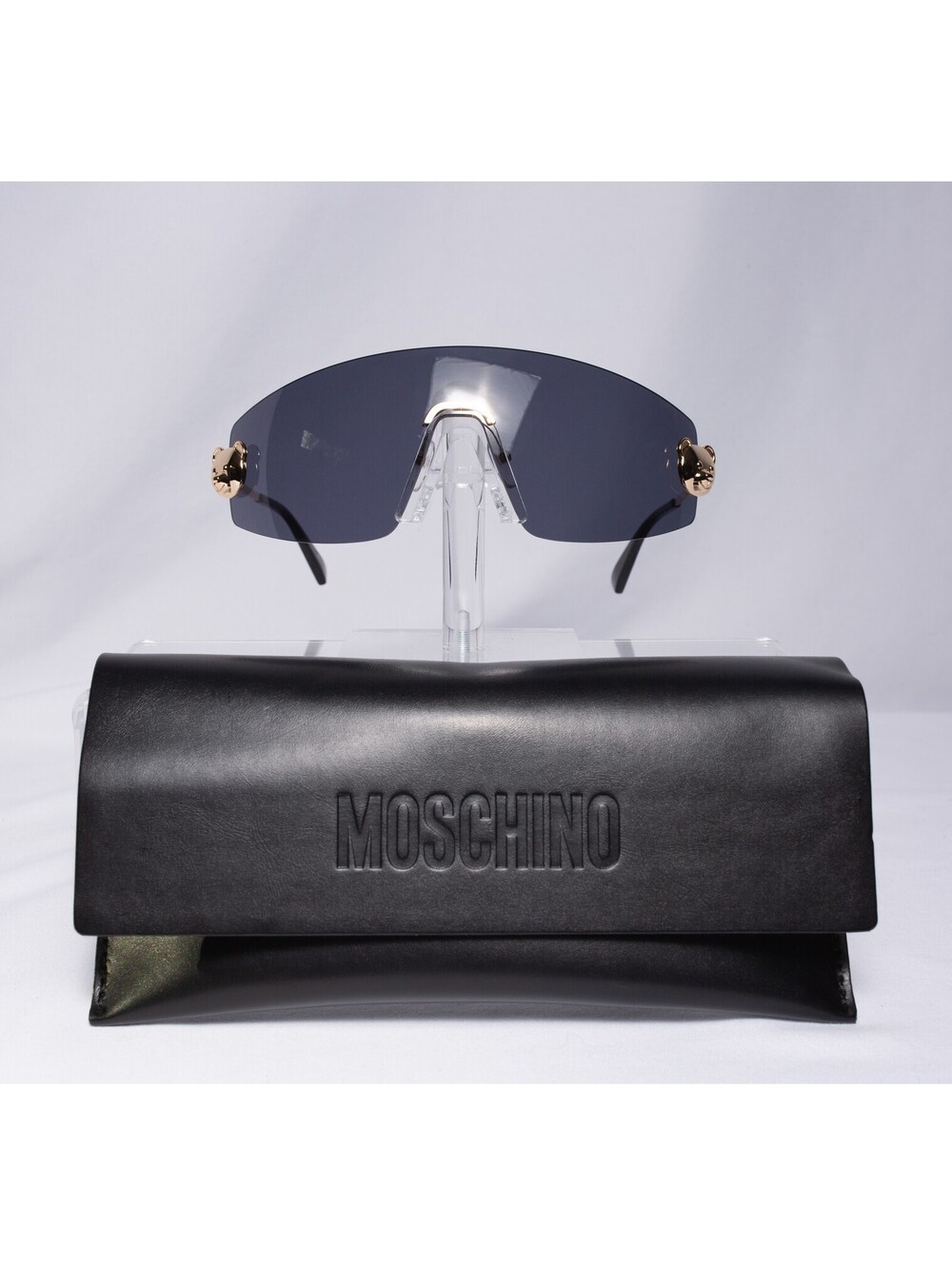 Moschino Rimless Shield Sunglasses Unisex Black Gold Bear Detail